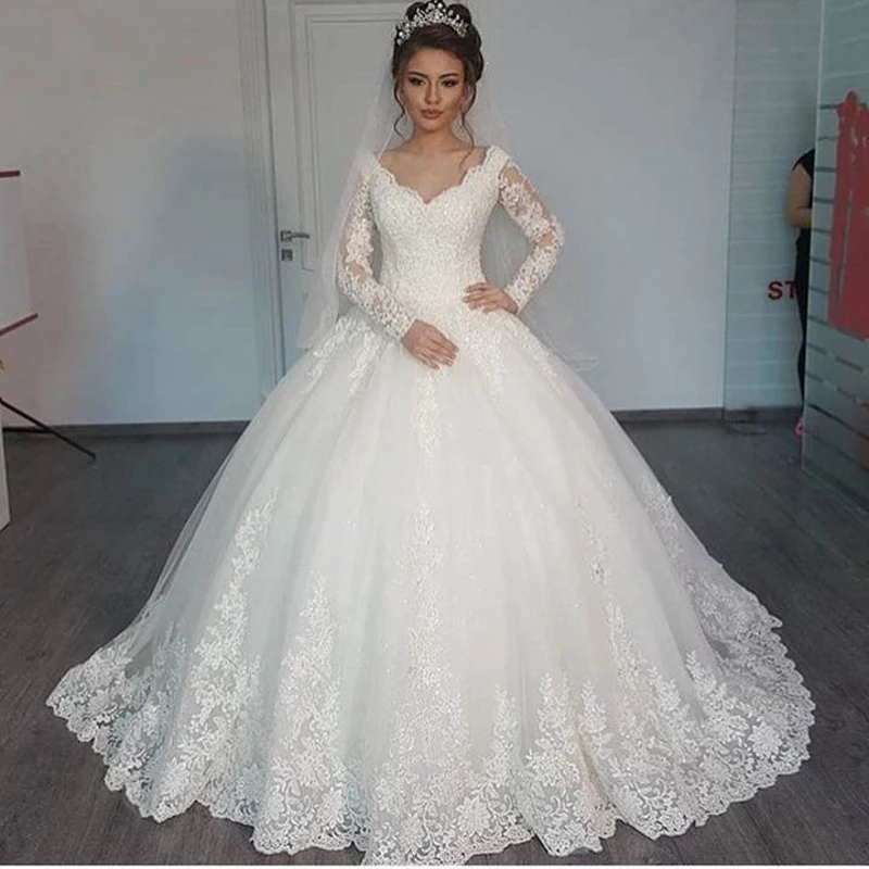 

Vestido De Noiva Arabic Wedding Dresses Long Sleeves Lace V-Neck Corset Back 2020 Wedding Gowns Bridal Dress Robe de Mariage