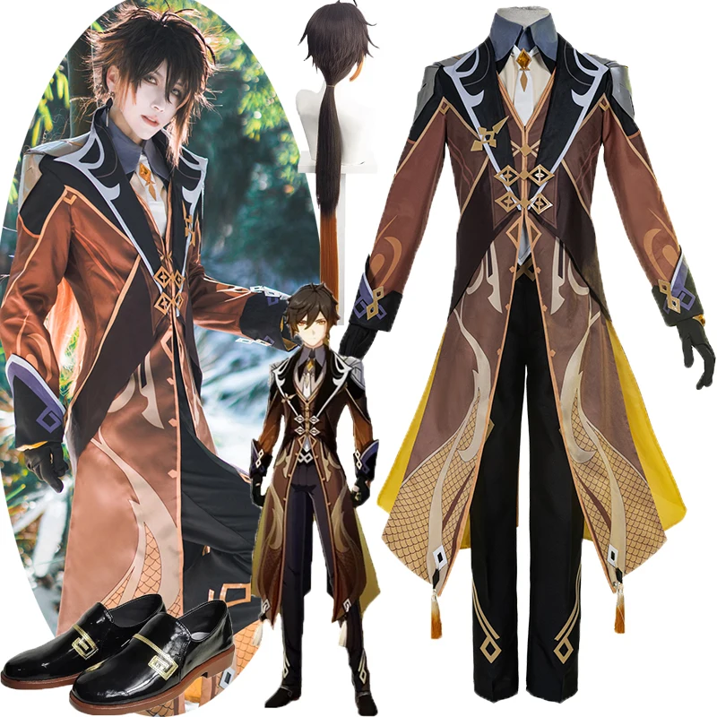 

Game Genshin Impact Cosplay Zhongli Costume Zhong li Cosplay 90cm Long Christmas Brown Orange Wig Cosplay Anime Wigs and shoes