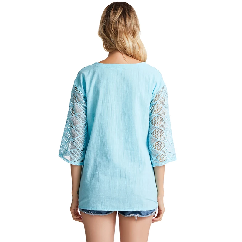 

2021 Sexy Tops Women Three Quarter Sleeve Loose T-shirt Autumn Women Casual T-shirts O-neck Top Hollow-out T-shirt