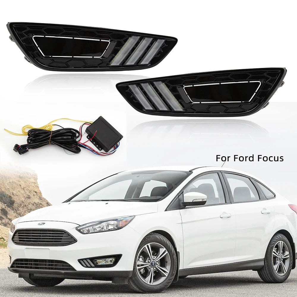 

2PCS LED DRL For Ford Focus 3 mk3 2015-2018 Daytime Running Light Yellow Turn Signal headlight fog lights headlights fog light