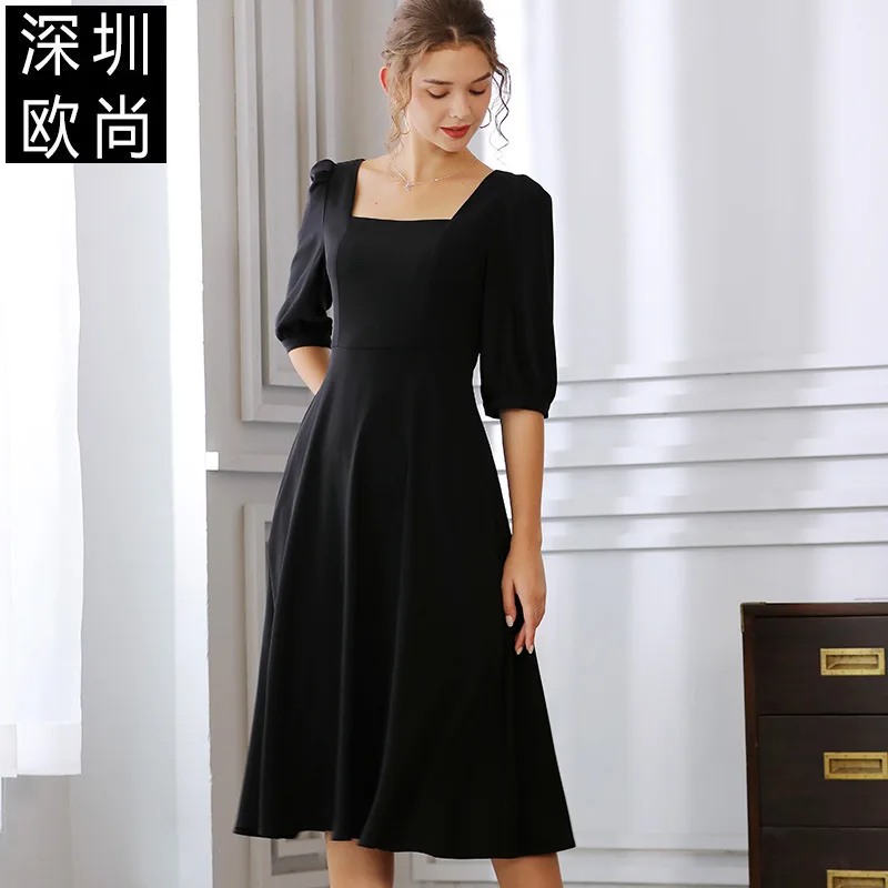 

Dress women's 2021 spring dress new temperament square neck long Hepburn style solid color versatile show thin black skirt
