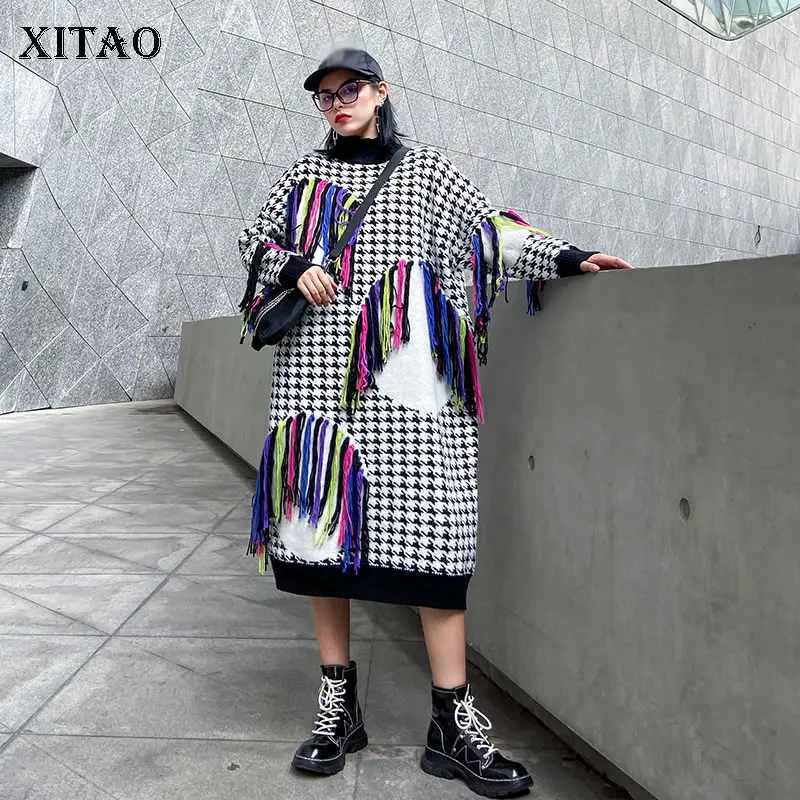 XITAO женское платье с узором гусиная лапка размера плюс вязаные платья свободные