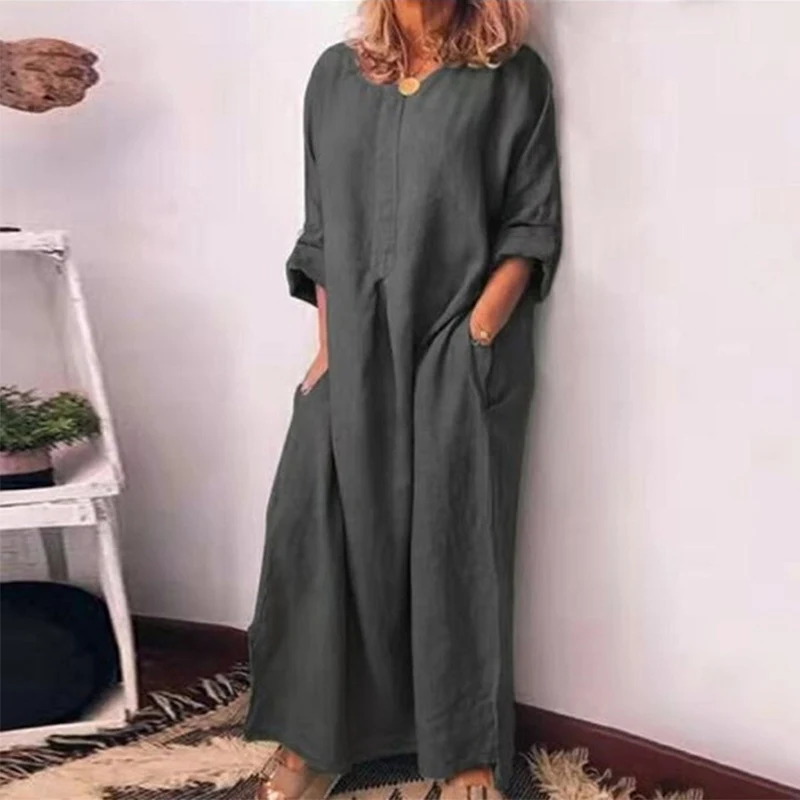 New Gray Dress Хлопковое льняное белое платье макси для женщин, весеннее летнее свободное платье размера плюс с большим подолом, бохо платье, длинные платья с рукавом три четверти, кафтан 5XL - Цвет: New Gray Dress