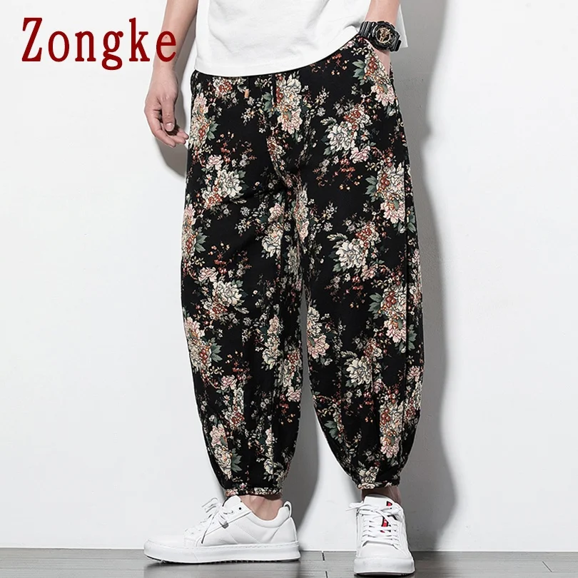 

Zongke Lotus Print Men's Pants Harajuku Men Clothing Black Pants Korean Style Streetwear Trousers Ankle-Length M-5XL 2021 New