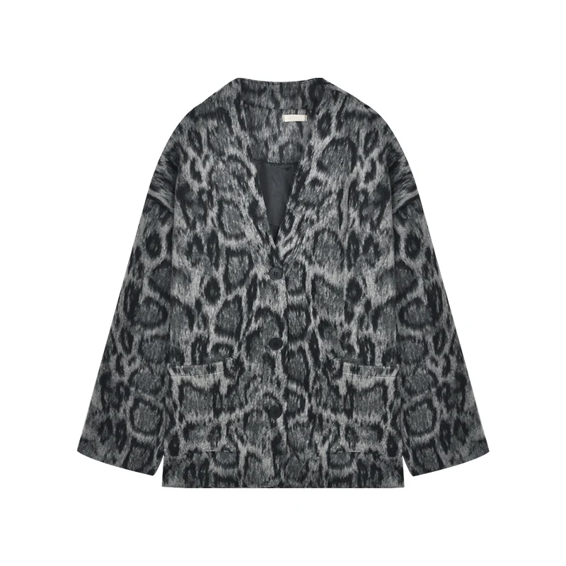 

Gray Leopard Wool Coat For Women V-Neck Long-Sleeved Loose Pocket Fashion All Match Female Outwear Blazers Tops