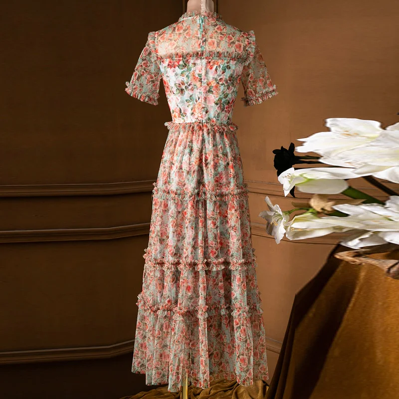 

Fashion Runway Designer Women's Floral Ruffled Mesh Long Party Dresses for Summer Short Sleeve Transparent Sweet Sexy Vestidos