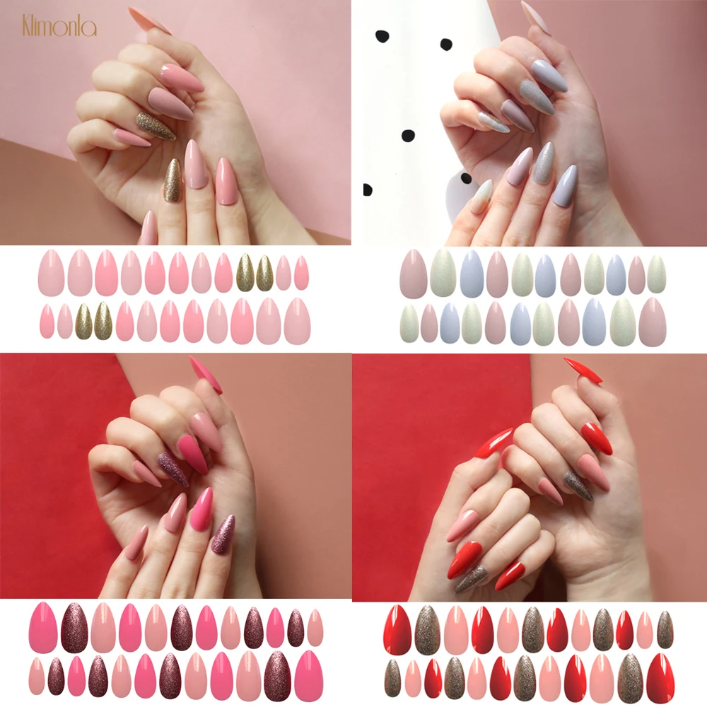 

24Pcs Lengthen Stiletto Fake Nails with Glitter 2020 Popular Designs Press on Nails Art Tips DIY Nail Art for Lady Faux Ongles