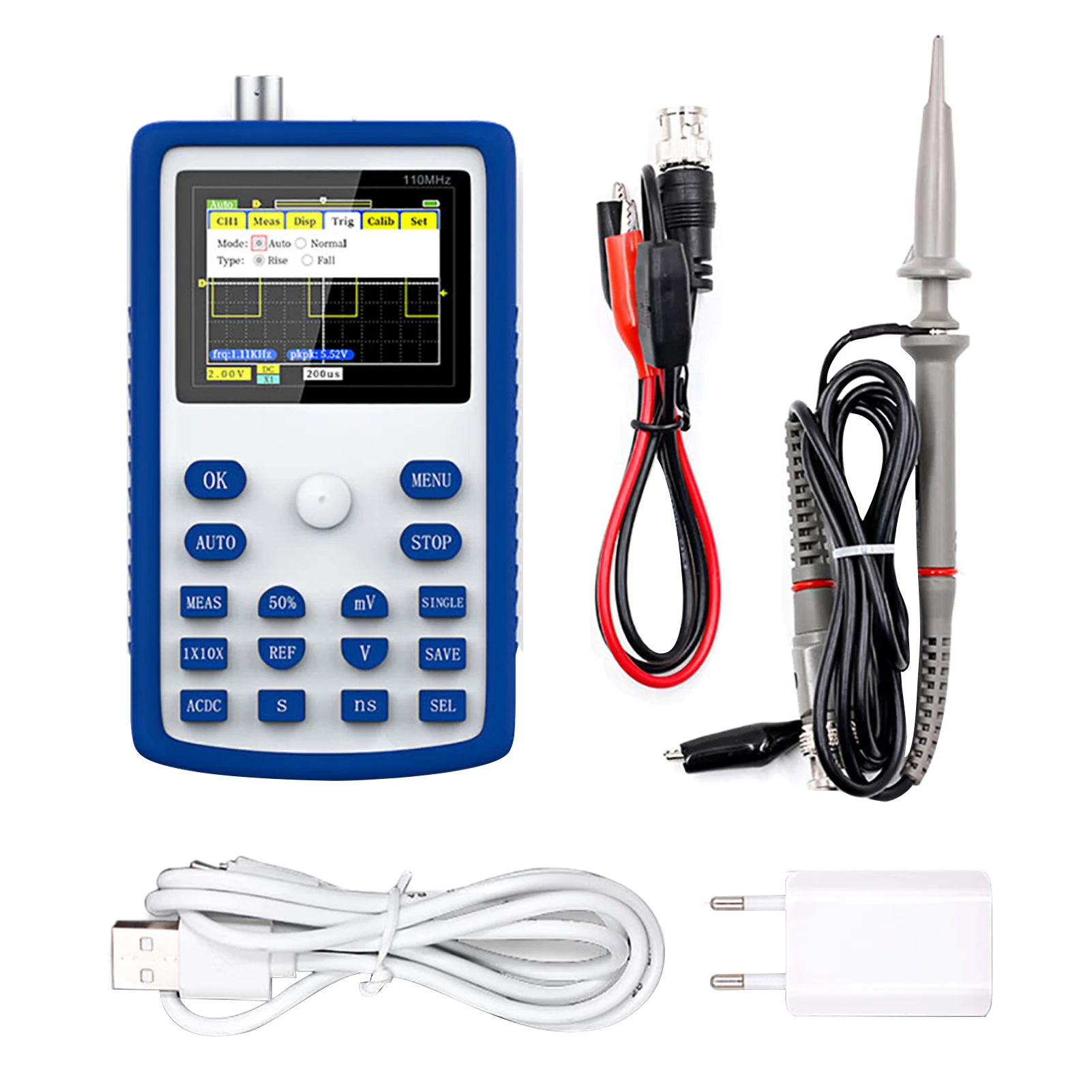 

Digital Oscilloscope Kit 110M Bandwidth 500M Sampling Rate with High Voltage Probe BNC-Clip Cable Probe Power Supply Storage Bag