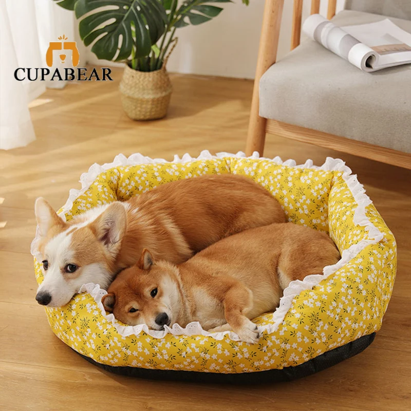 

Soft Warm Dog Cat Bed Winter Yellow Flower Lace Edge Breathable Kennel for Large Small Pet Cushion House Accessories