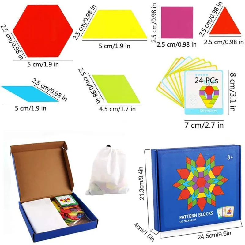 155Pcs Wooden Pattern Blocks Set Geometric Shape Puzzle Kindergarten Classic Educational Montessori Tangram Toys For Kids | Игрушки и