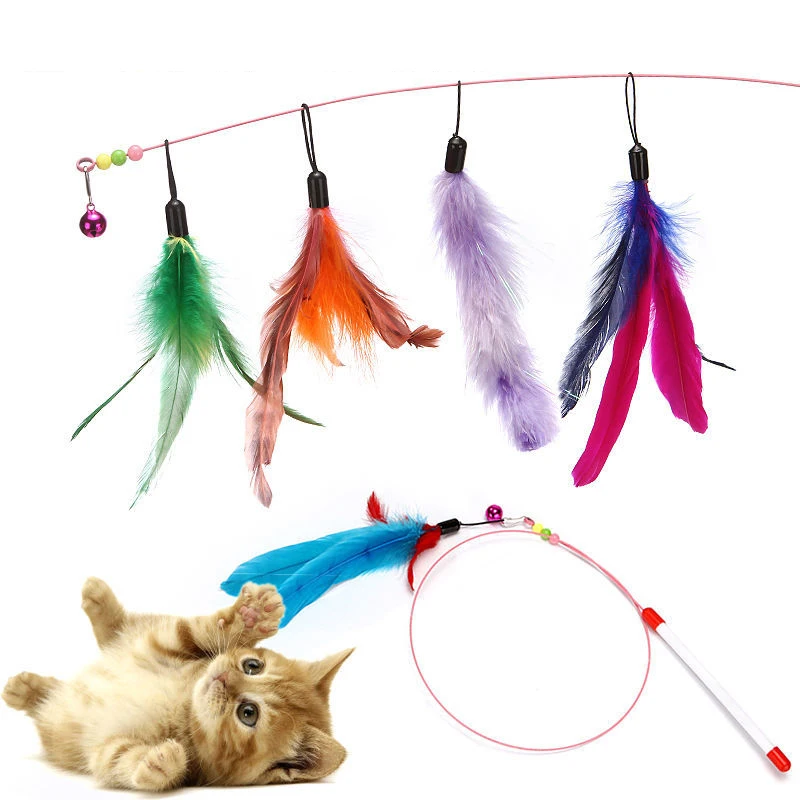 

Hot Sale Cat Toys Random Color Make A Cat Stick Feather Black Coloured Pole Like Birds With Small Bell Natural