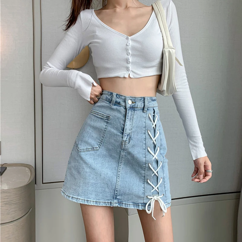 

Womens Summer Clothing New Jupe En Jean Fashion Mini Skirts Plus Size Bandage Denim Sukienka Vintage Faldas Cortas A236