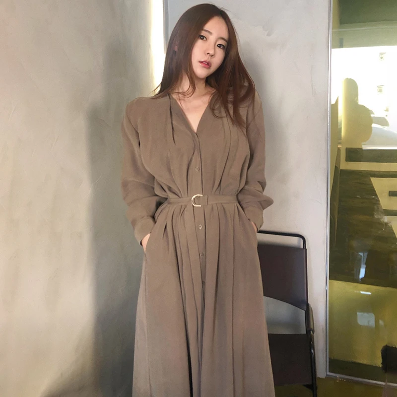 

Женское однобортное платье, Простое Элегантное однотонное облегающее платье с V-образным вырезом и длинным рукавом, на шнуровке, в Корейско...