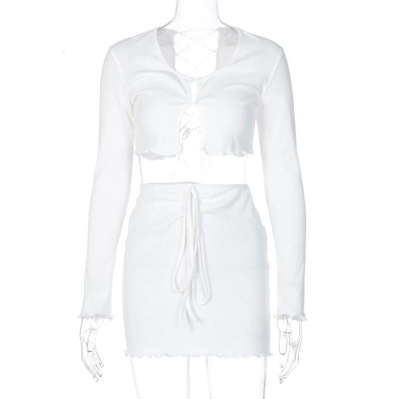 

ribbed lace up hollow out women 2 piece set crop top cardigan mini skirt bodycon sexy streetwear club matching outfit