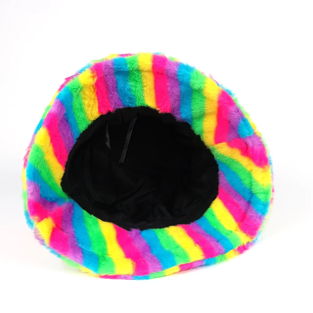

Woman Rainbow Print Faux Rabbit Fur Bucket Hat Soft Plush Multi Color Fisherman Cap Warm Winter Outdoor Fahion Panama Hat