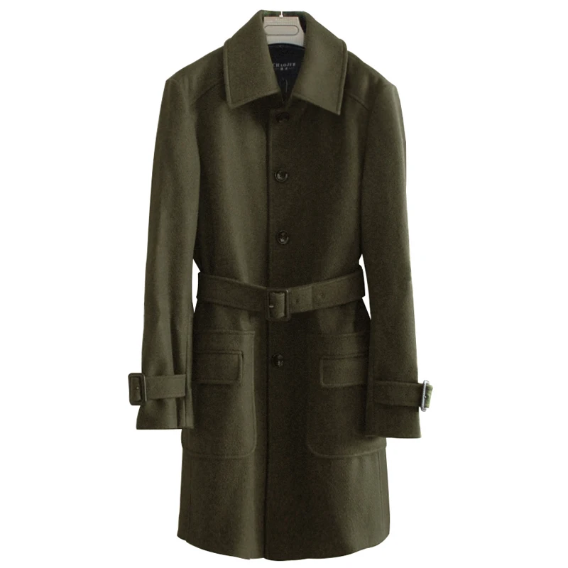 Мужская шерстяная однобортная куртка зеленое длинное пальто в британском стиле