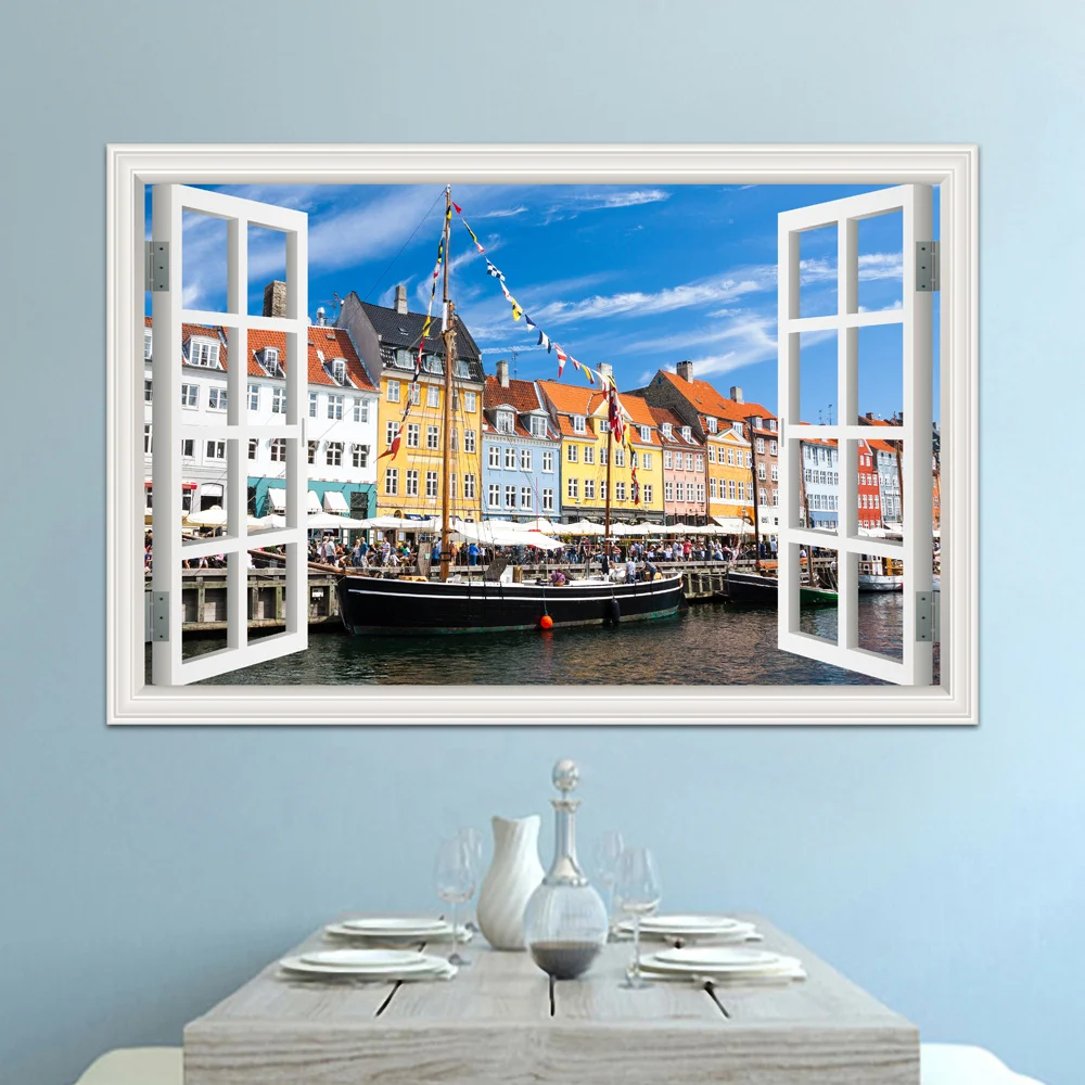 One piece Beautiful City Water Town Scenery 3D Window View Sticker Decal Vinyl Mural Wallpaper Wall PVC Room Decor | Дом и сад