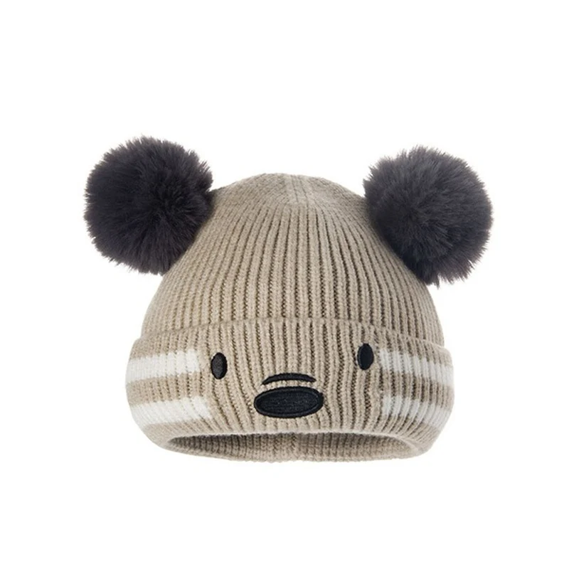 beige baby hat Baby Beanies Double Ball Wool Cartoon Pompom Hat Children Winter Knitted Hats Cute Cap for Girls Boys Thick Kids Beanies - Цвет: beige baby hat