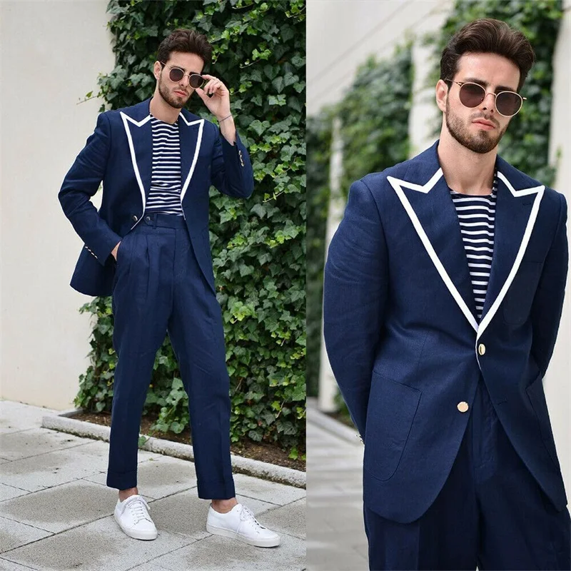 Costume pour homme, 2 pièces, bleu marine, Blazer Slim + pantalon blanc sur mesure, revers à 2 boutons, pour bal de mariage  (0)
