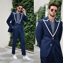 Azul marinho ternos masculinos formal ajuste magro blazer + calça feito sob encomenda lapela branca 2 botões gtoomsmen formatura casamento 2 peças conjuntos terno (2)