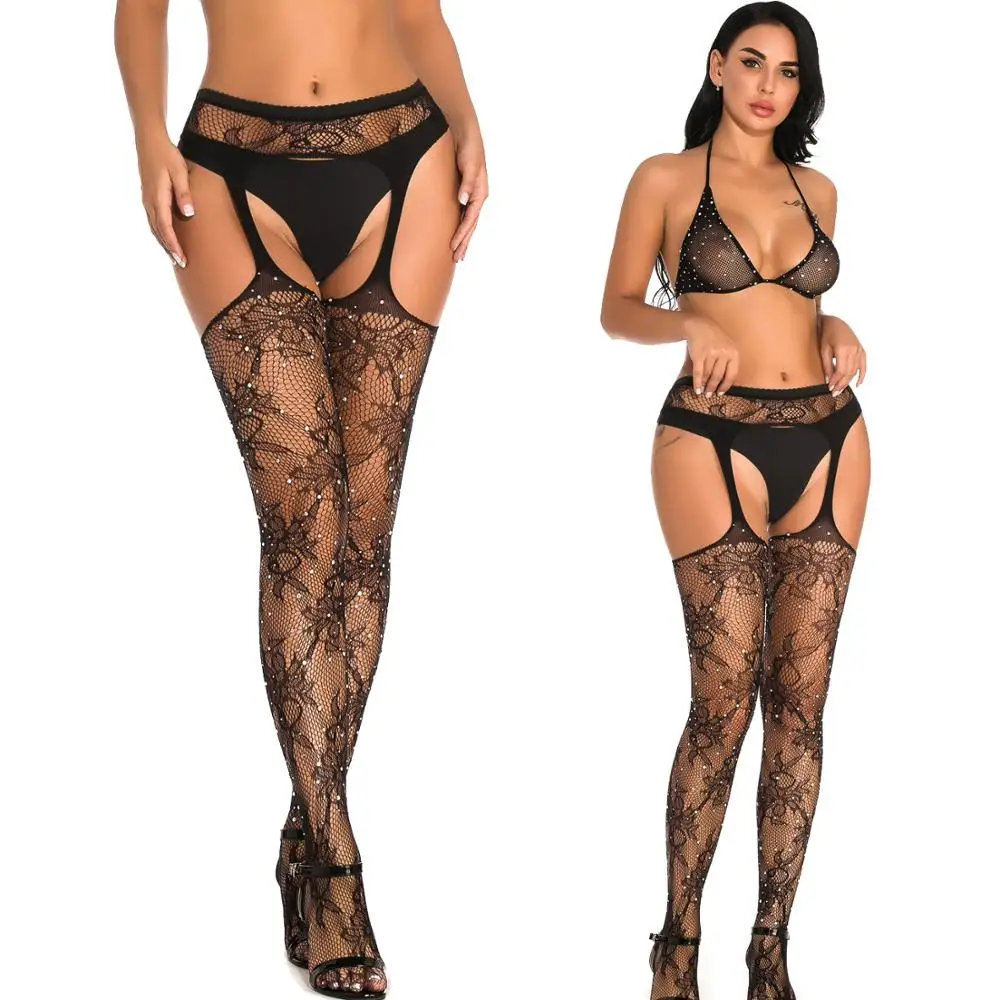 Женское нижнее белье с подвязками прозрачные колготки в сеточку бюстгальтером