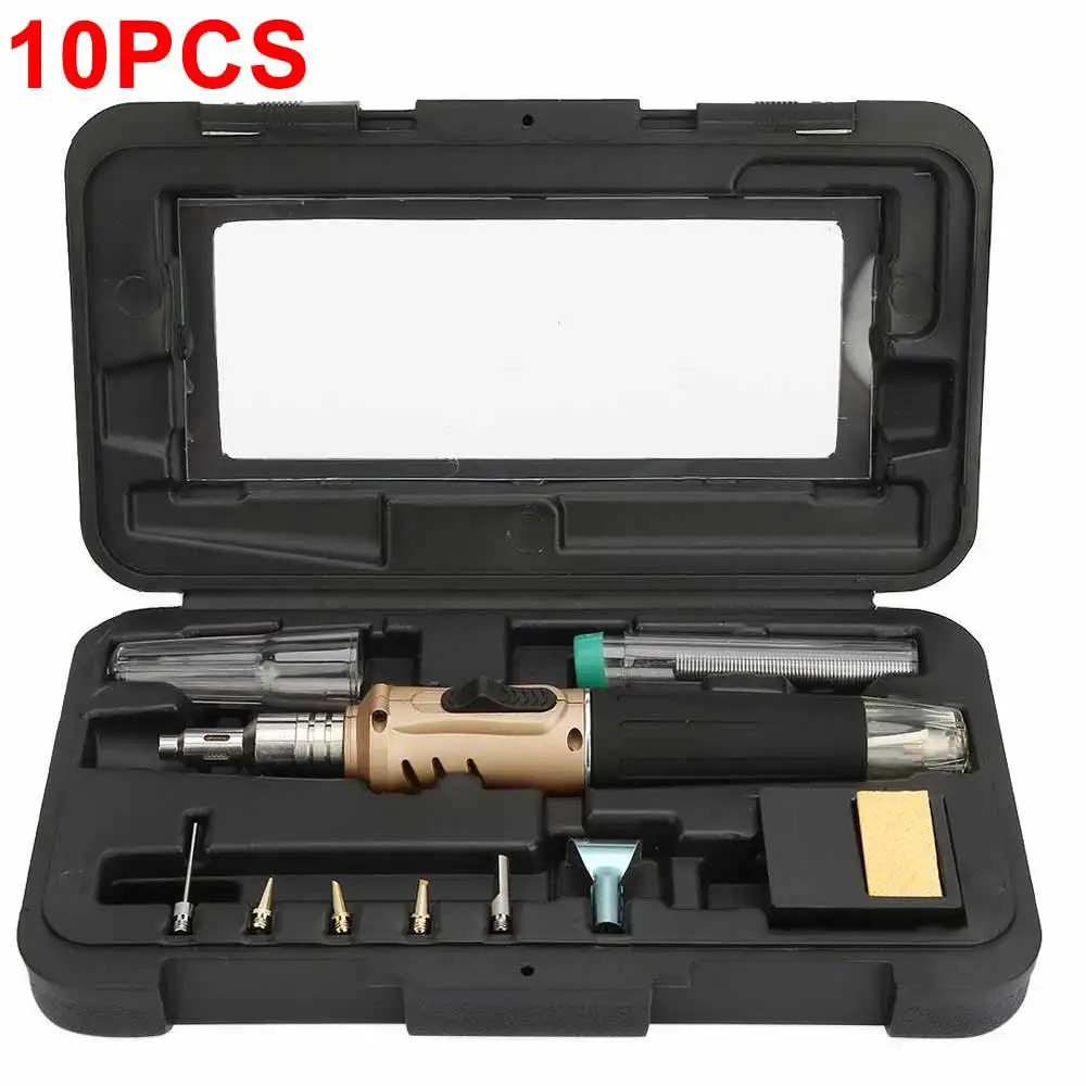 

10 PCS Gas Soldering Iron Kit HS-1115K Multifunction Butane Gas Rubber Handle Soldering Iron Cordless Solder Welding Torch Kit