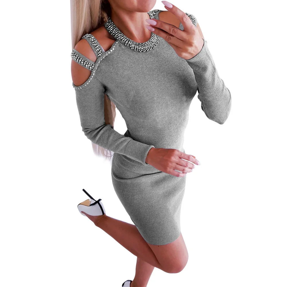 

2019 Autumn New Women Sexy Strapless Tight-Fitting Hot Diamond Mini Dress Fashion Solid Color O-Neck Long Sleeve Cotton Dresses