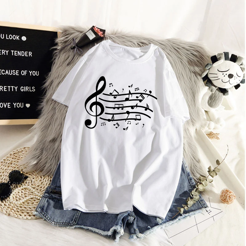 

Korean-style Casual Short Sleeve Crew neck T-shirt Summer 2020 new Music Festival T Shirt women Funny Printing Music Note TShirt