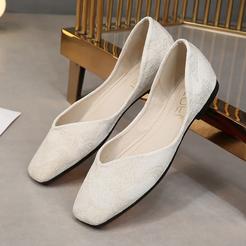 

Casual Woman Shoe Female Footwear Square Toe Comfortable Summer Dress New Big Size Fretwork Leisure Cotton Fabric Lace-Up Flat S