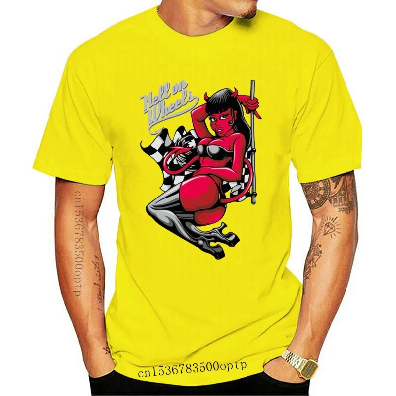 

Новинка, сатана, футболка для гонок, забавная унисекс футболка с надписью «Hell On Wheels» для гонок, демонов, гонок в стиле Харадзюку
