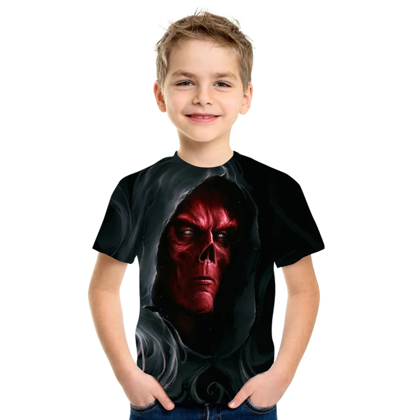 

Hot Summer Boys Short Sleeve T-Shirt Funny Skull Print Kids Casual Breathable Round Neck T-Shirt Street Wear