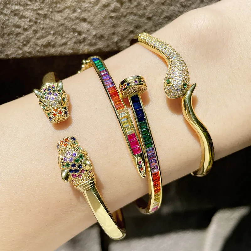 

European And American Personality Inlaid Color Zircon Nail Bracelet Female Exaggerated Animal Snake And Leopard Head Open Bracel