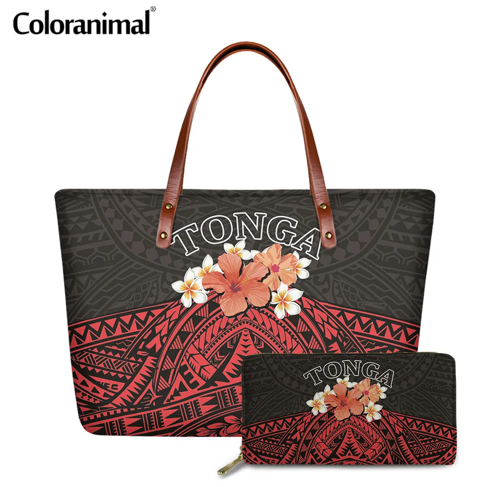 

Coloranimal Тонга полинезийская с цветочным принтом через плечо сумка для Для женщин 2 шт./компл. Сумка-тоут сумки на плечо и кошелек 2020 модная поч...