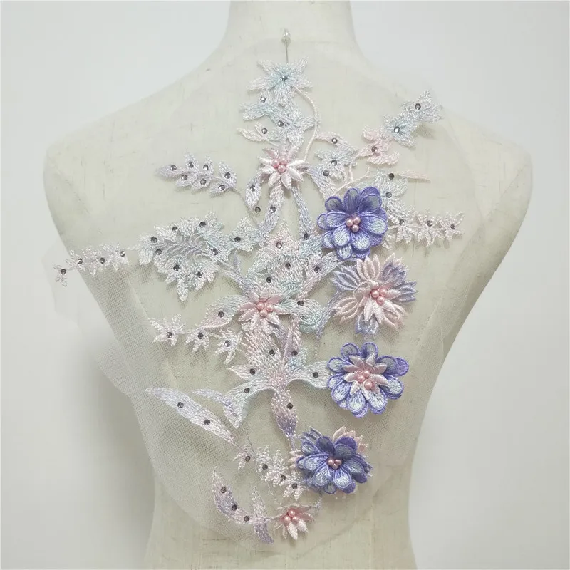 Черная кружевная аппликация с 3D бусинами темно-синяя вышитая свадебная для