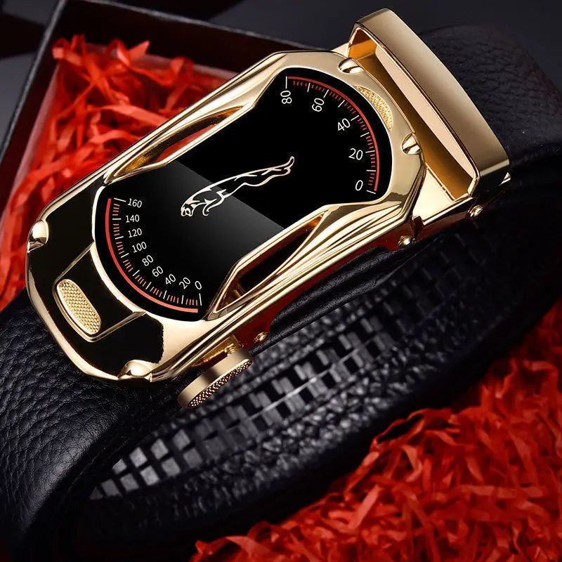 

Leather Belts for Men 3.5cm Width Sports Car Brand Fashion Metal Alloy Automatic Buckle Black Waist Belts for Men Strap Male