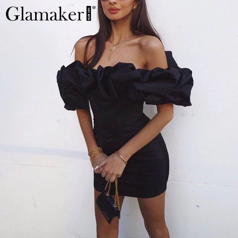 Glamaker с открытыми плечами сексуальное короткое платье с оборками женское черное облегающее осеннее платье с пышными рукавами женские винтажные вечерние Клубные мини-платья