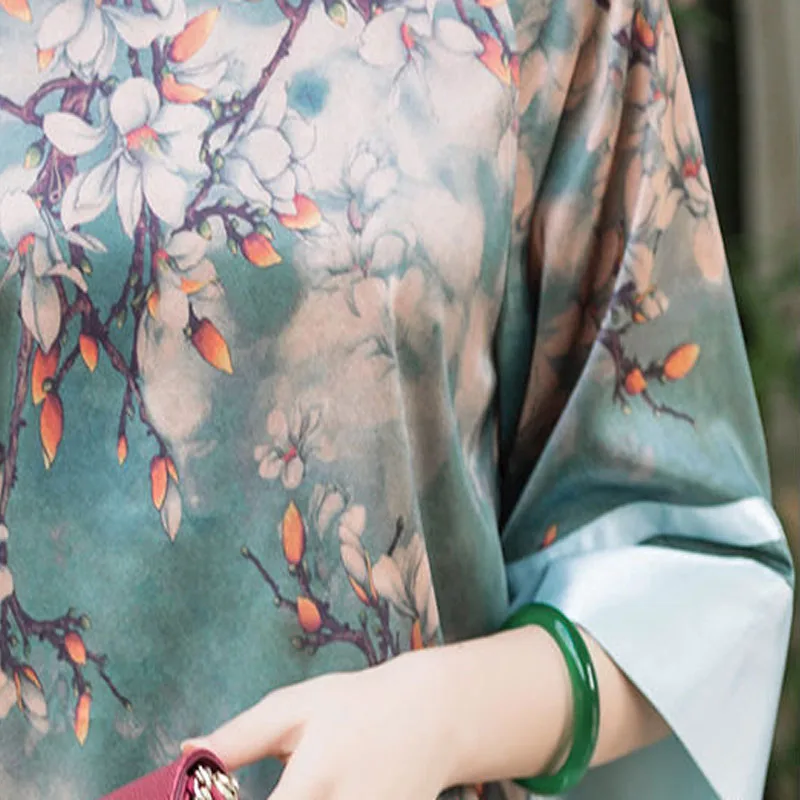 

Blouses Women's Plus Size Hanfu Blusas 2021 Spring Fashion Real silk Prints Splicing Stand Collar Retro Shirts Skinny Tops Woman