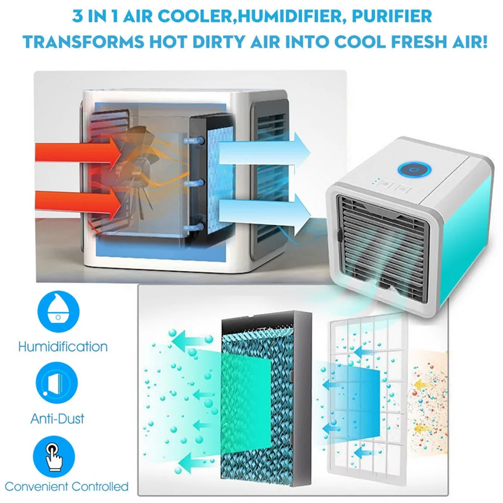 

Mini USB Portable Air Cooler Fan Air Conditioner 7 Colors Light Desktop Air Cool