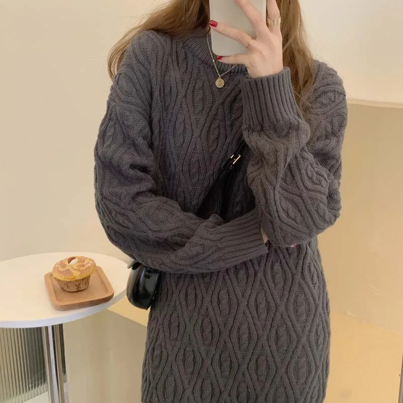 

One-Piece Dress 2020 New Winter Women Twist Knit Sweater Mid Dress Korean Elegant Warm Office Lady Knitting Dress Vintage Female