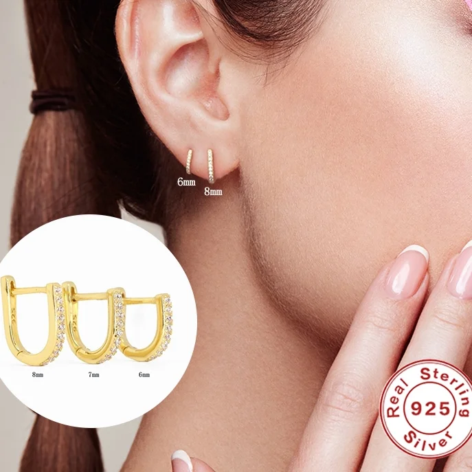 

Multi-size Classic U Shape Huggie Earrings For Women/Men Geometry Crystals Hoop Earrings Silver 925 Pendientes Plata