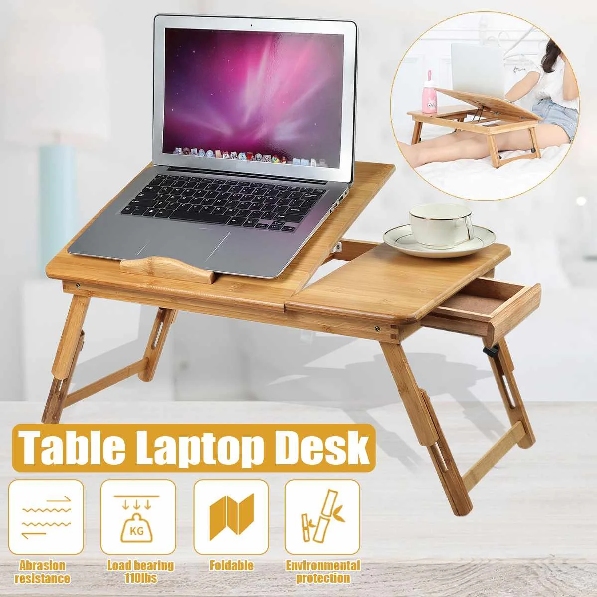 

Bamboo Folding Laptop Desk Notebook Table Adjustable Breakfast Serving Tray Bed Table with Drawer Working in Bed Sofa W/Drawer