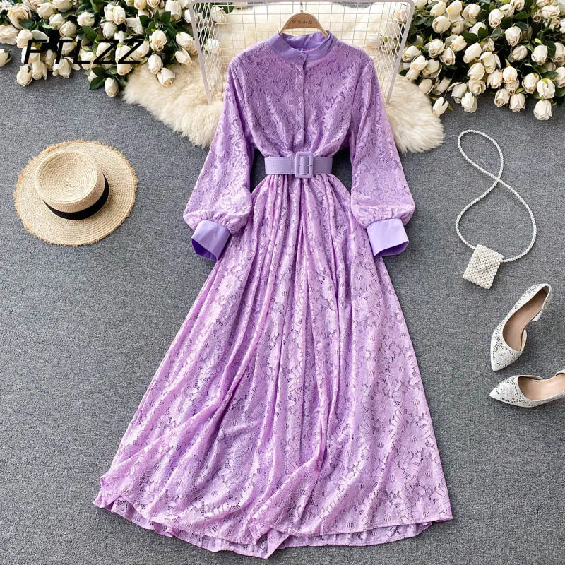 

Spring Autumn Elegant Long Dress Women Vintage Stand-up Collar Lace Dress Woman French A Line Party Dress Long Robe Vestidos