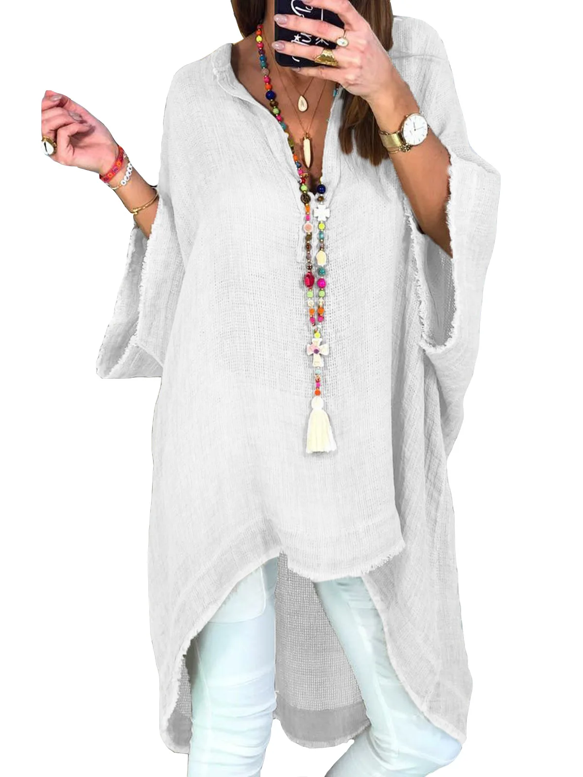 

2021 Women's Shirt and V-neck Top Women's Loose Casual Fringe Cotton Linen Shirt Nine-quarter Sleeve Bohemian Long New Style