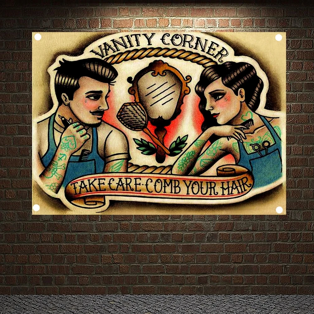 

VANITY CORNER TAKE CARE COMB YOUR HAIR Tattoo Banners Wall Art Posters Canvas Painting Flag Wall Sticker Tapestry Home Decor