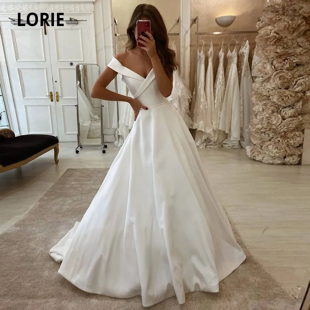 Атласные свадебные платья LORIE с открытыми плечами 2020 V образным вырезом и