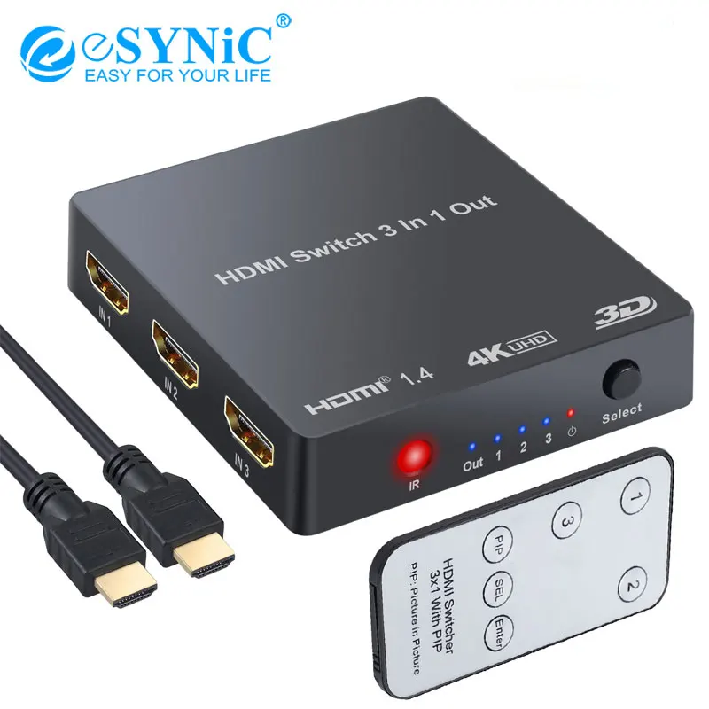 3-портовый HDMI коммутатор eSYNiC 4K 2160P с ИК-пультом дистанционного управления PIP