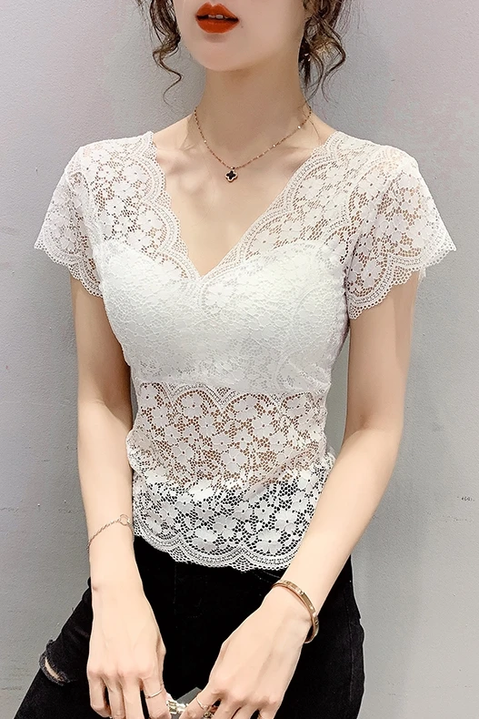 

COIGARSAM Sexy Lace blouse women New Summer Fashion blusas womens tops and blouses White Black 251