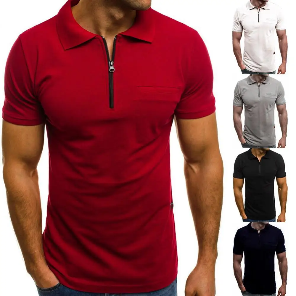 

Shirt Solid Color Turn Down Collar Men Summer Short Sleeve Pocket Patch Zipper T-Shirt