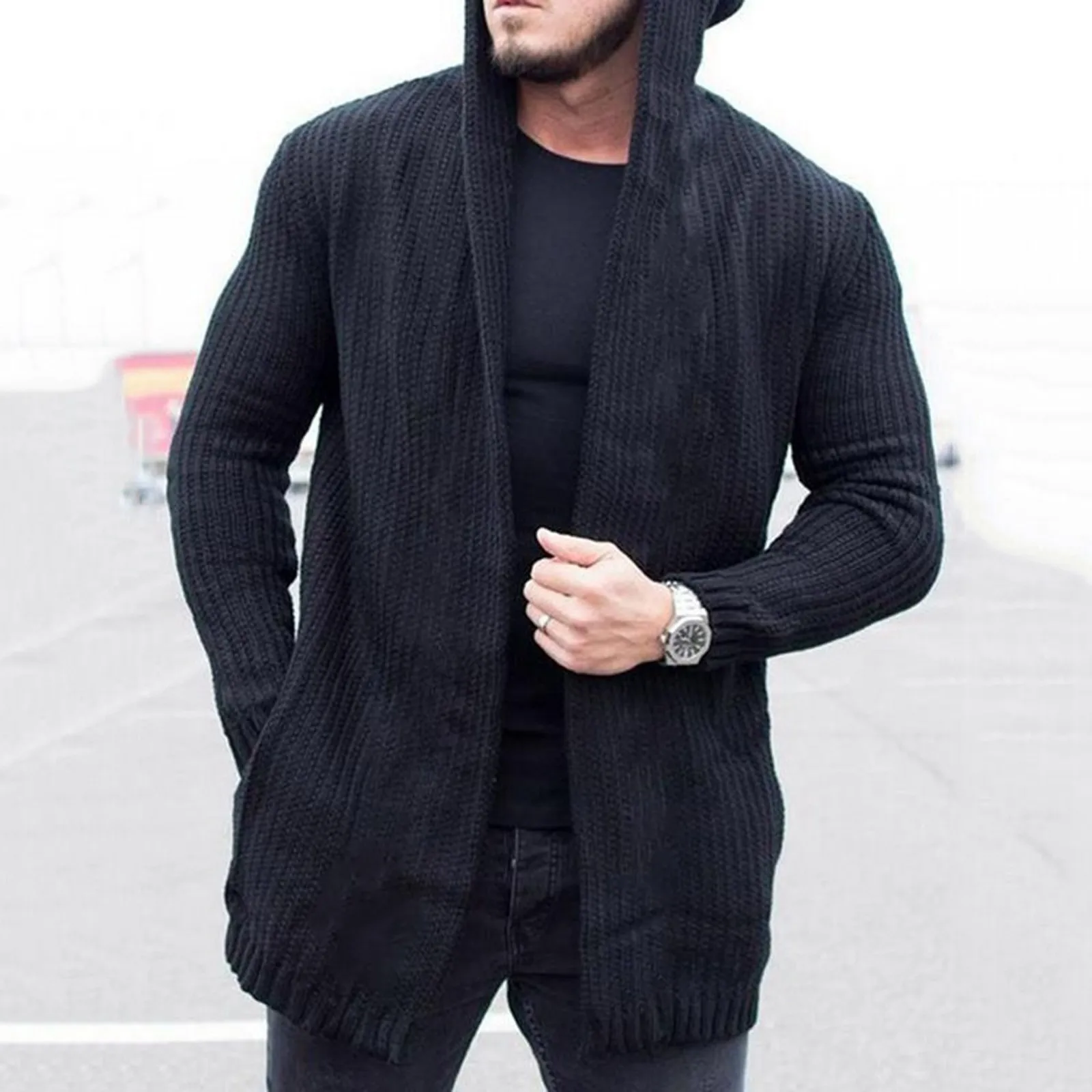 

Men's Autumn And Winter Warm Jackets Solid Loose Large Size Thick Cardigan Fashion Mid-length Hooded Knitted Jacket Male D920#