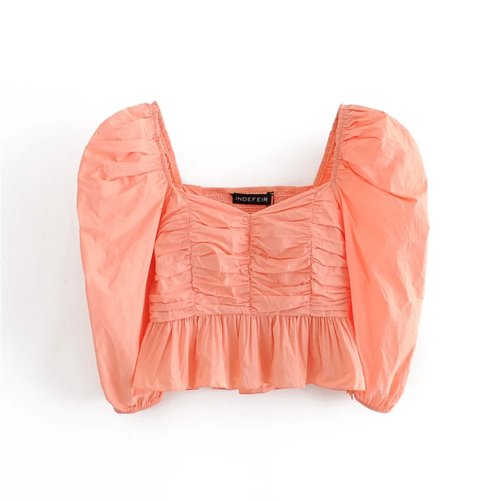 

2020 Summer Women's New French Square Collar Pleated Lace Puffy Long Sleeve Ruffled Slim Short Shirt